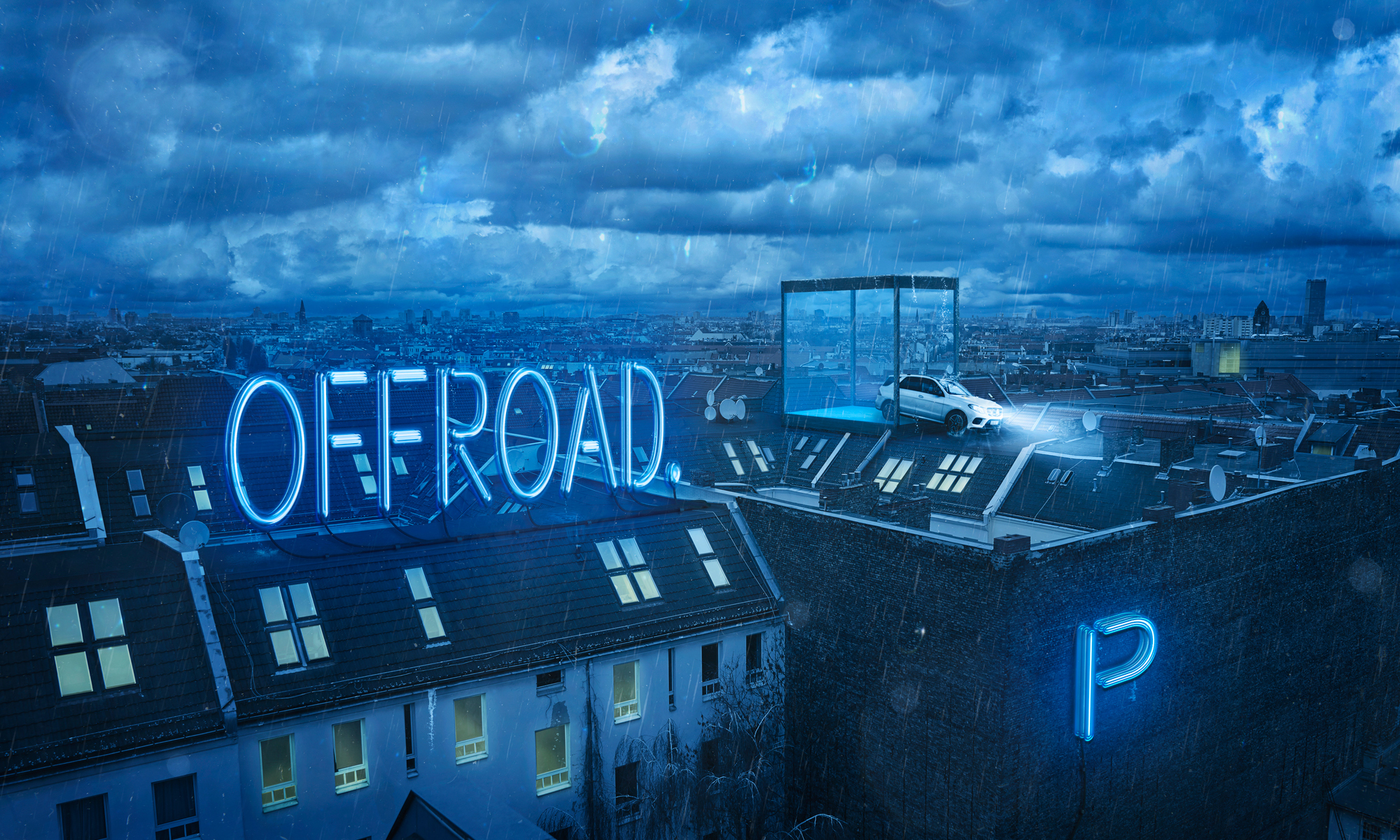 Commercial Advertisement Composing Landscape Ad Photoshop Composite 3D Photography - by Julian Erksmeyer 2016 Mercedes Car Rooftop Offroad Citylife City